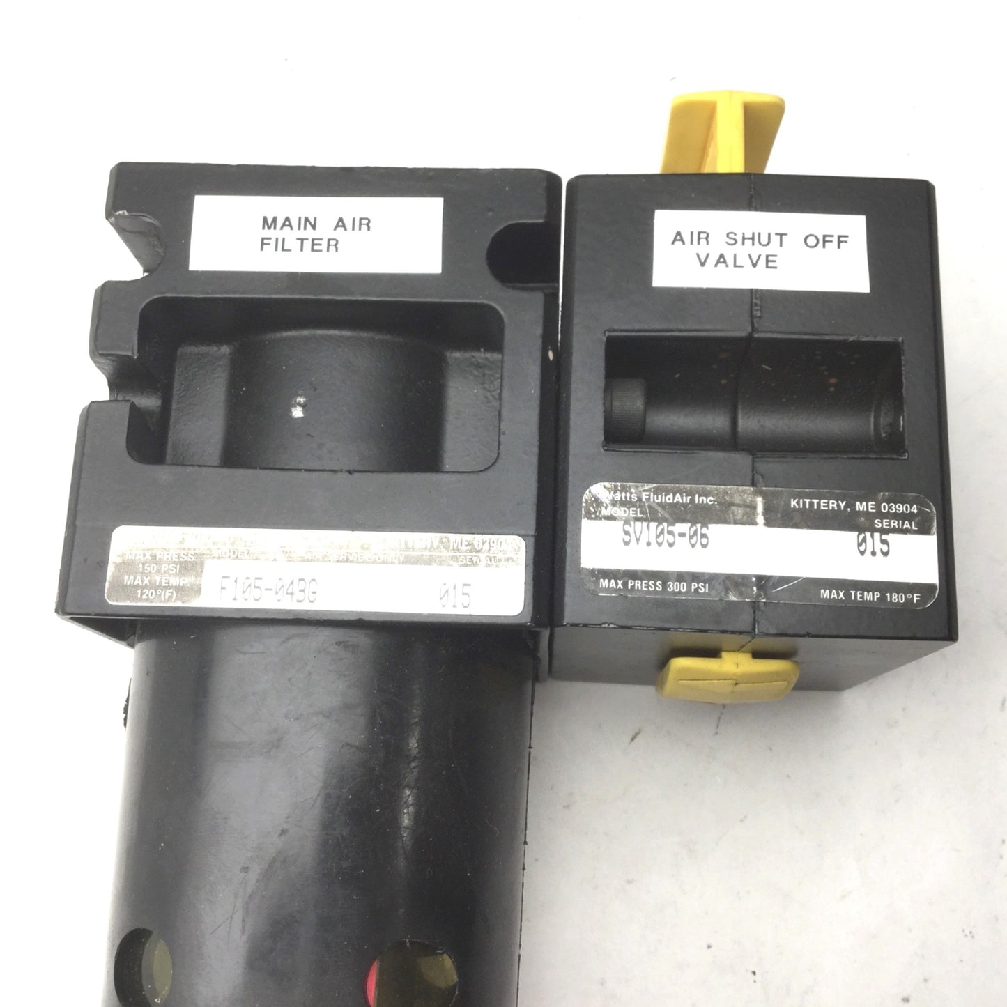 Used Parker Watts F105-04BG Pneumatic Filter, 1/2" NPT Ports, 5 Micron SV105-06 Valve