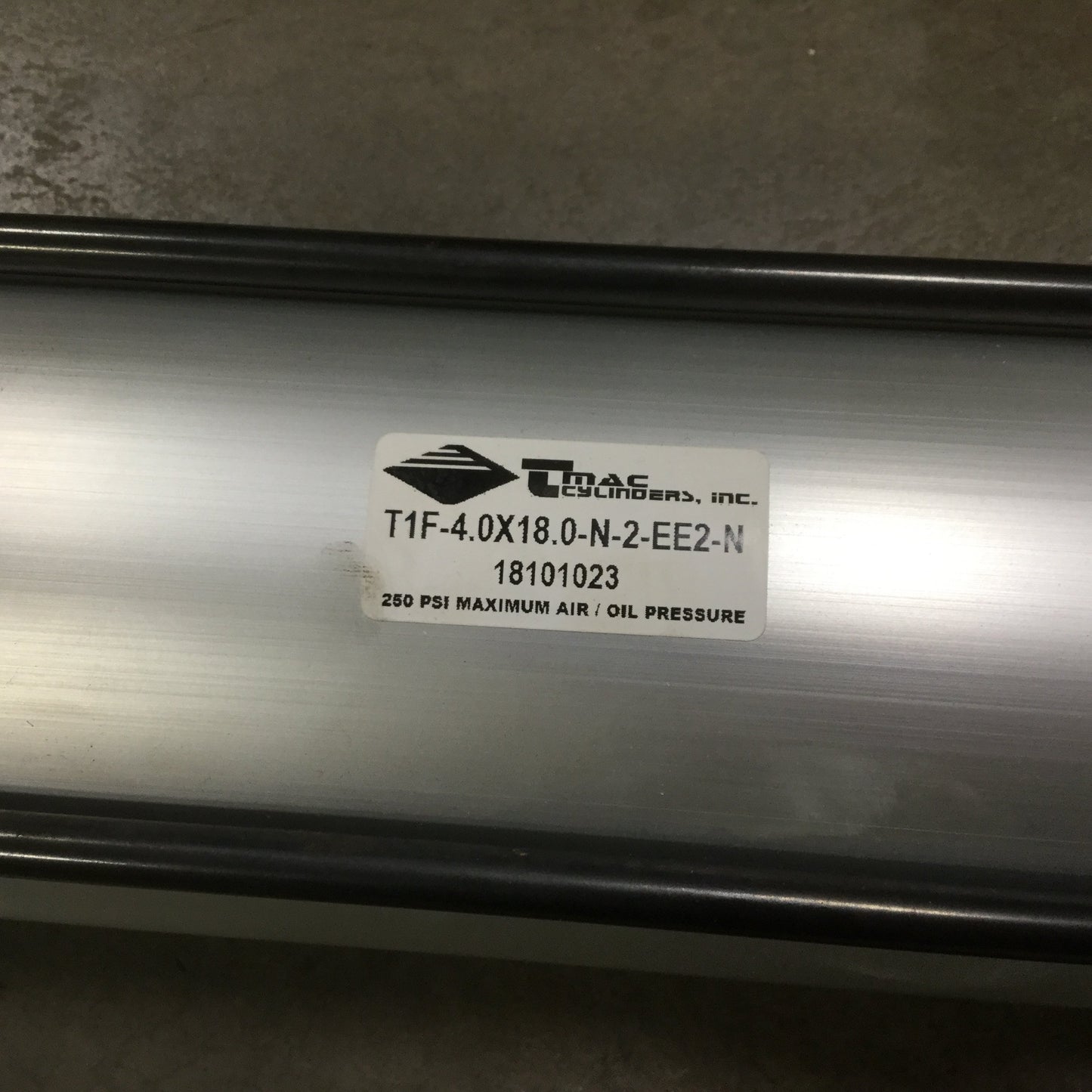 Used T-Mac T1F-4.0X18.0-N-2-EE2-N Dual Acting Cylinder, 18"Stroke, 1/2" NPT, 4" Bore