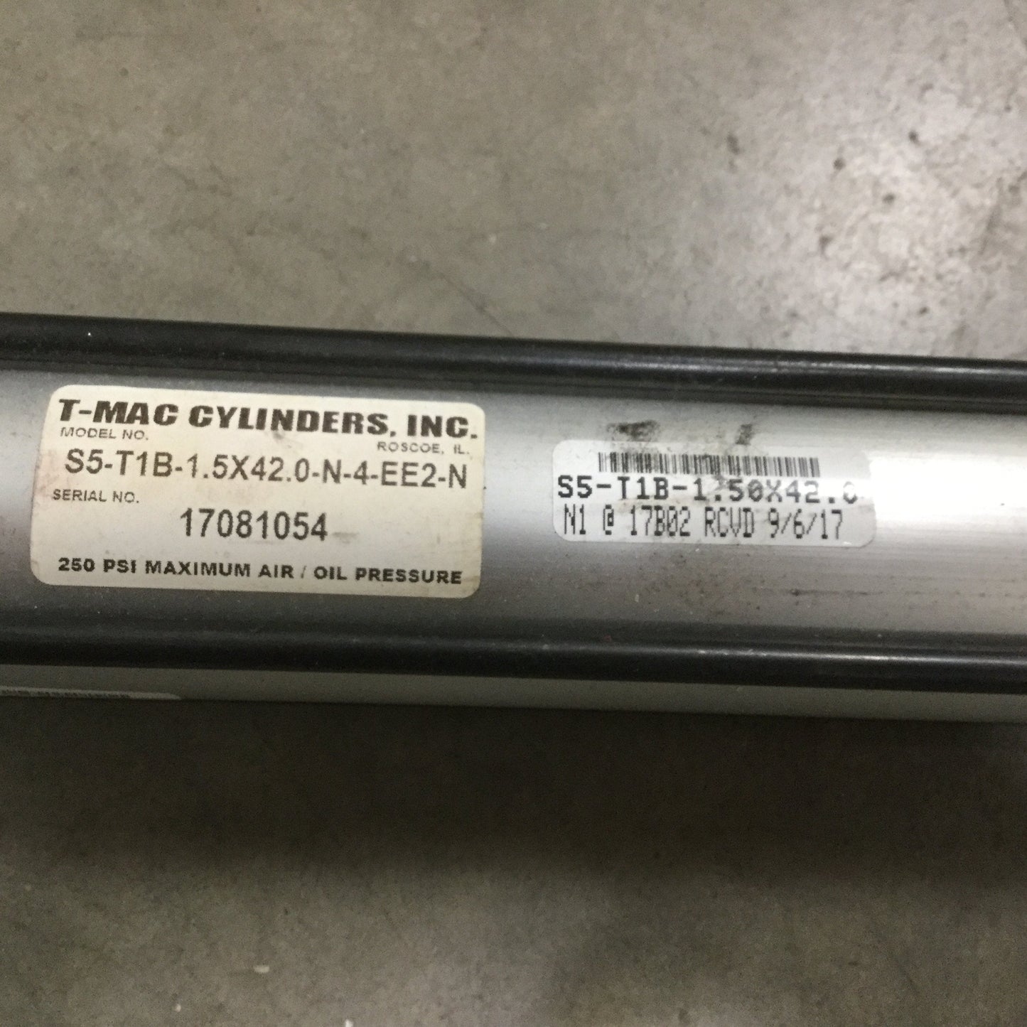 Used T-Mac S5-T1B-1.5X42.0-N-4-EE2-N Dual Acting Cylinder, 42" Stroke, 1/2" NPT