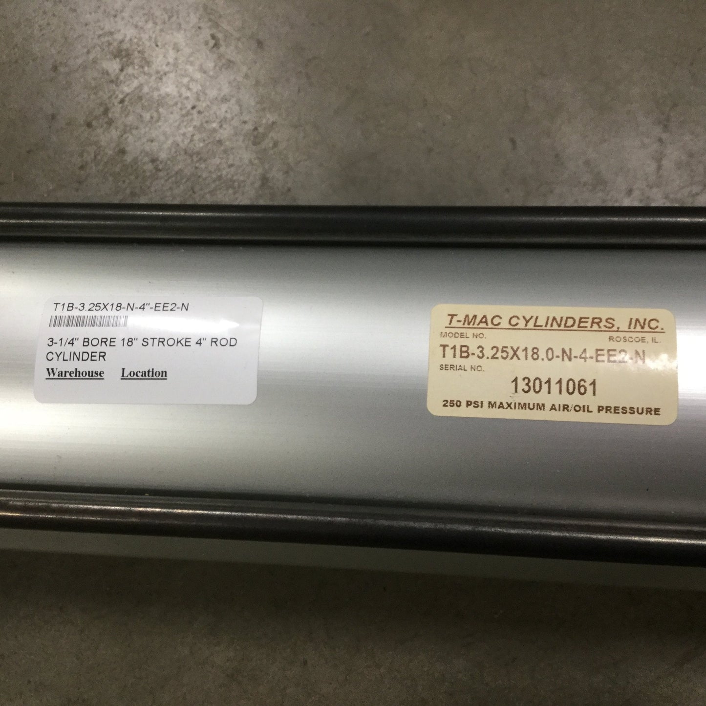 Used T-Mac T1B-3.25X18.0-N-4-EE2-N Dual Acting Cylinder, 18" Stroke, 3.25" Bore
