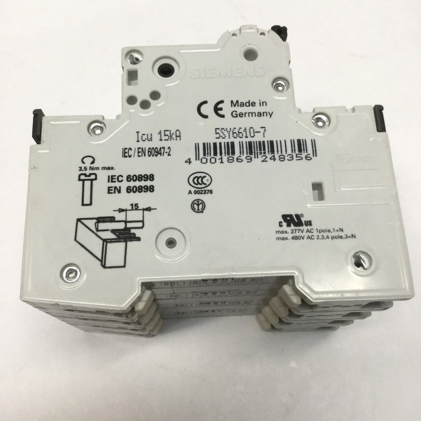 Used Siemens 5SY66 MCB C10 C-Curve Miniature Circuit Breaker 4-Pole (3P+N) 10A 400VAC