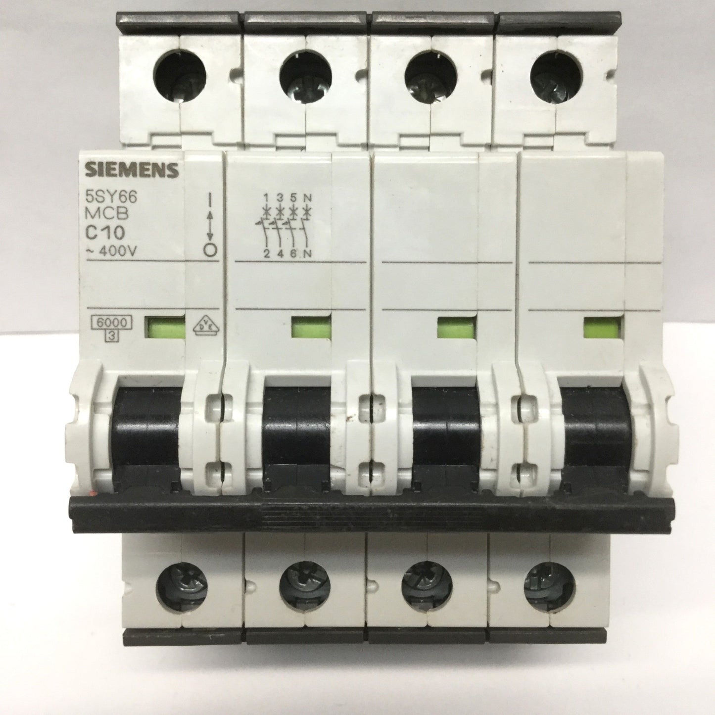 Used Siemens 5SY66 MCB C10 C-Curve Miniature Circuit Breaker 4-Pole (3P+N) 10A 400VAC