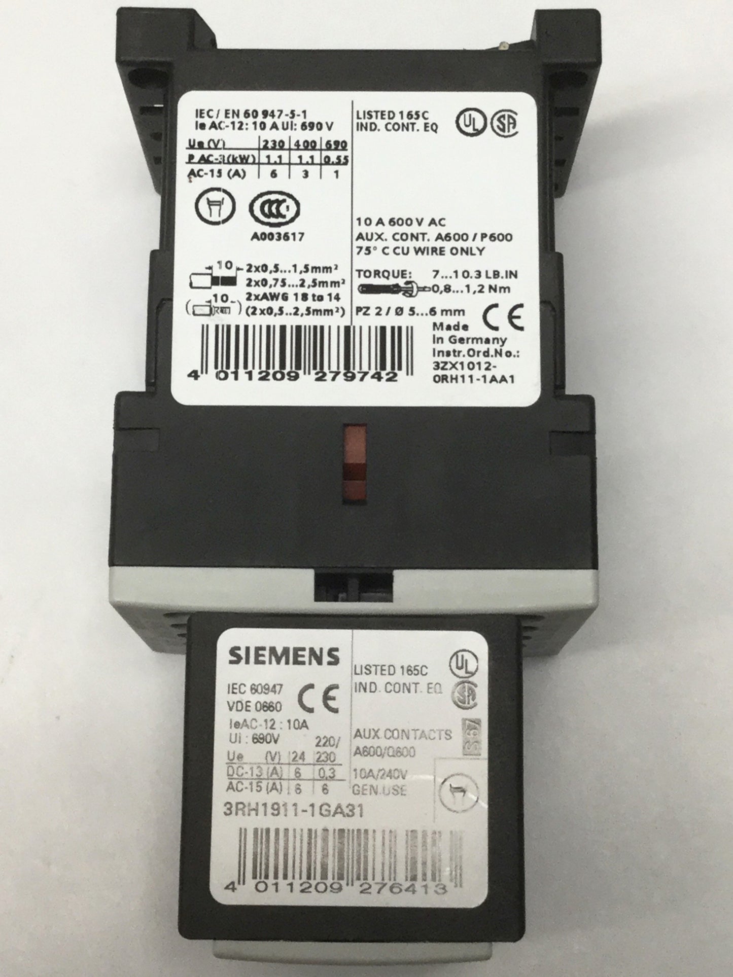 Used Siemens 3RH1140-1AB00 Motor Starter/Contactor Relay 10A, 24VAC Coil w/Auxiliary