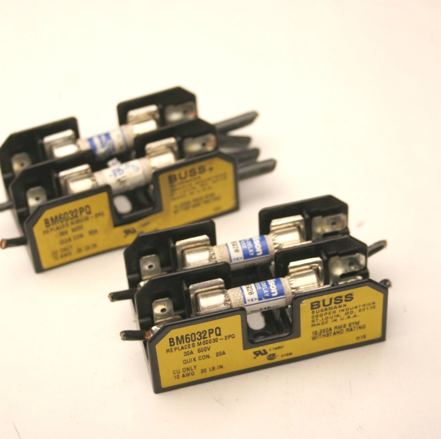 Used Lot of 2 Buss BM6032PQ Fuse Blocks, 30A, 600V, 2-Pole