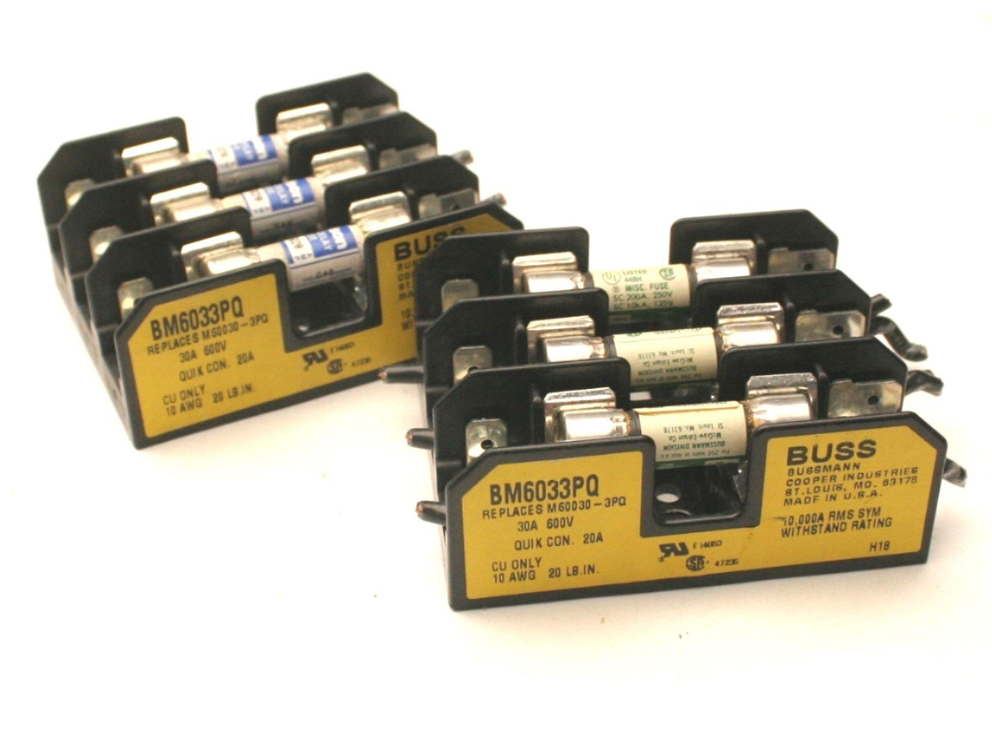 Used Lot of 2 Buss BM6033PQ Fuse Blocks, 30A, 600V, 3-Pole, Replaces M60030-3PQ