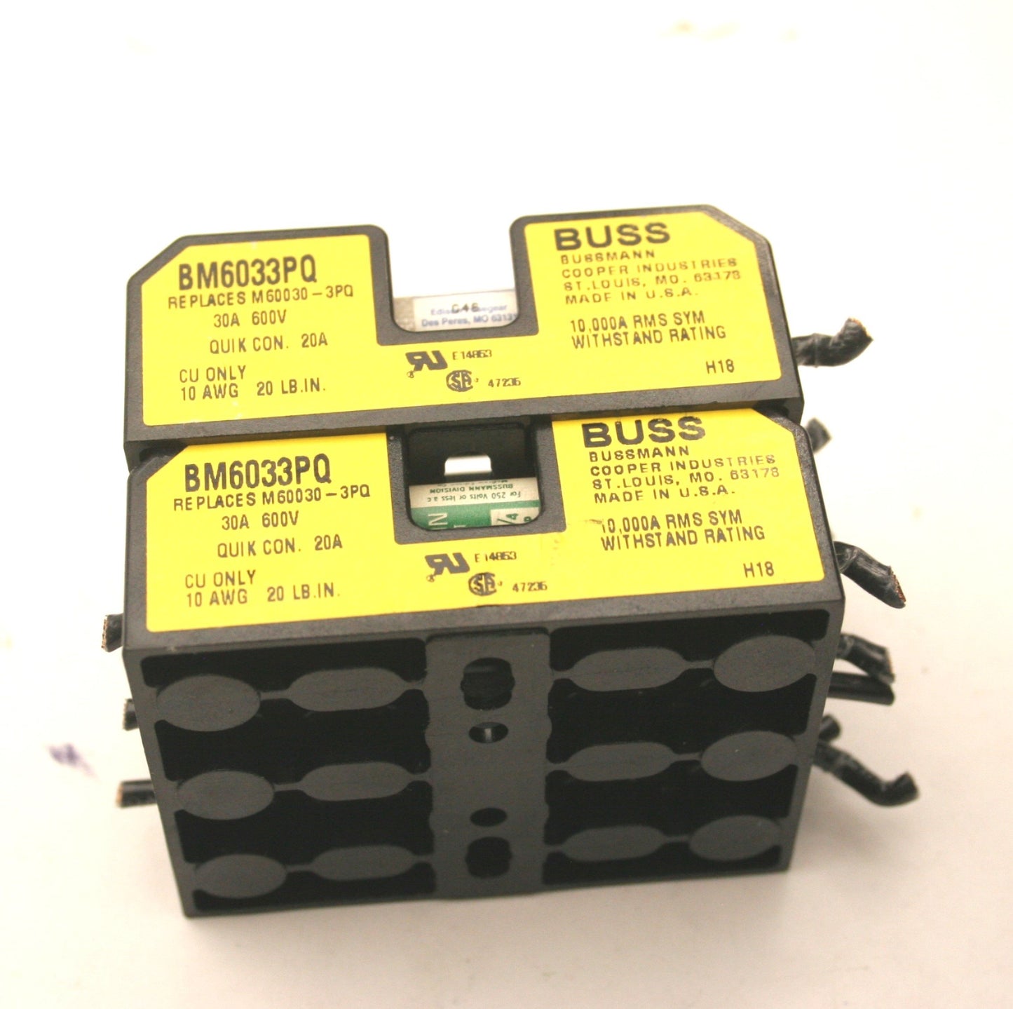 Used Lot of 2 Buss BM6033PQ Fuse Blocks, 30A, 600V, 3-Pole, Replaces M60030-3PQ