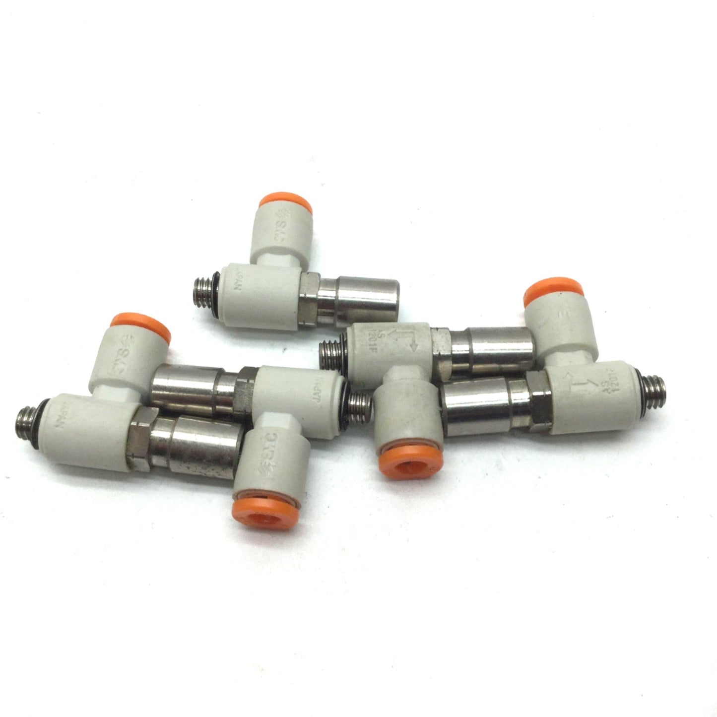 Used Lot of 5 SMC AS1201F-M5-04-J Elbow Flow Controls, M5x0.8 Thread, 4mm Tubing