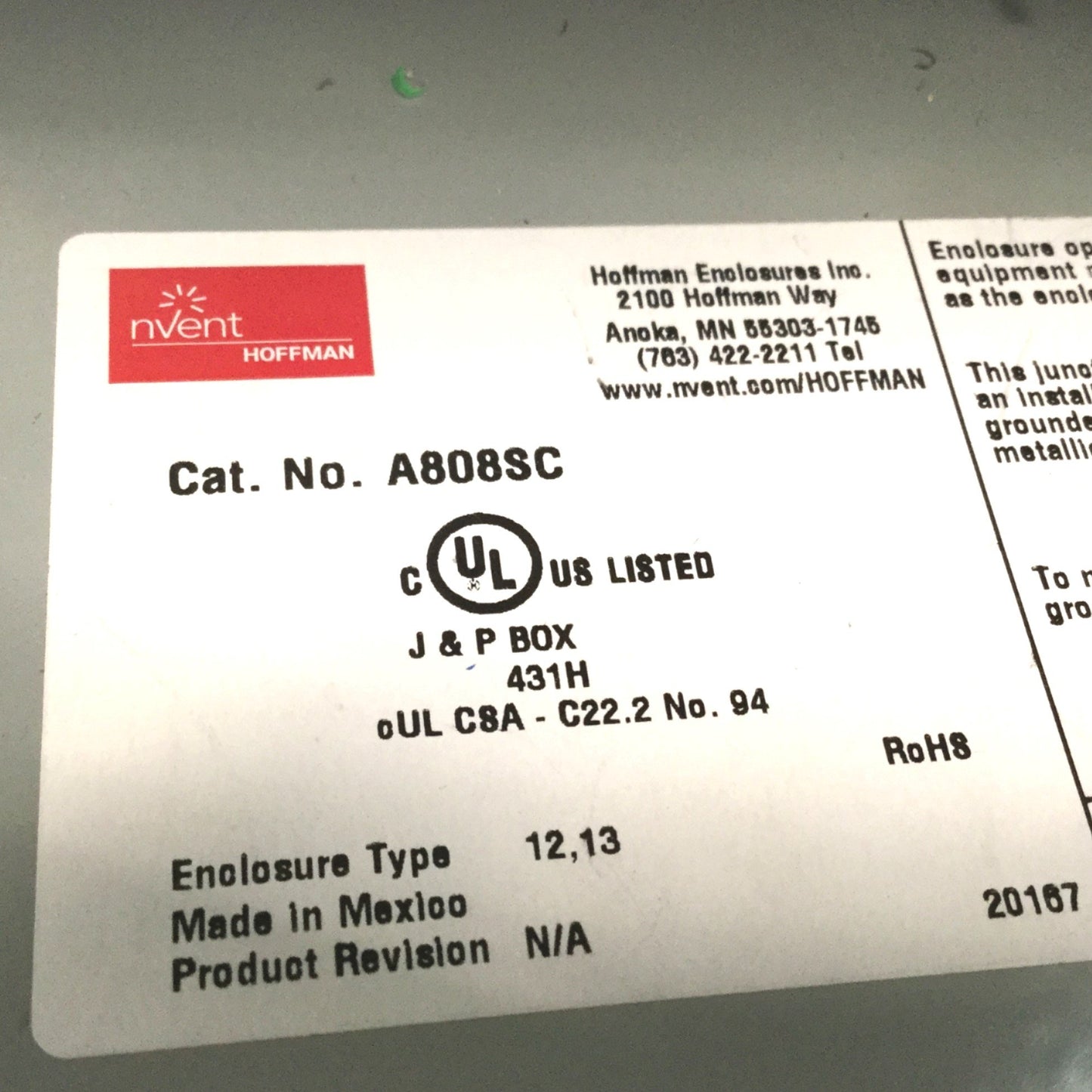 Used Hoffman A808SC Electrical Enclosure, Dimensions: 8" x 8" x 4", Steel, *Holes*