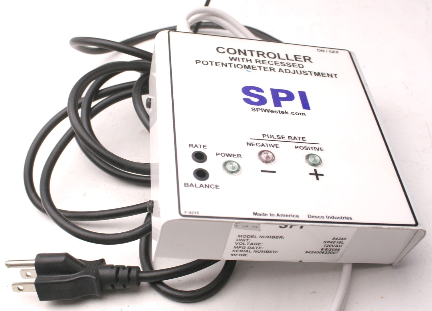 Used SPI 94240 Controller With Recessed Potentiometer Adjustment With 5' Ion Bar