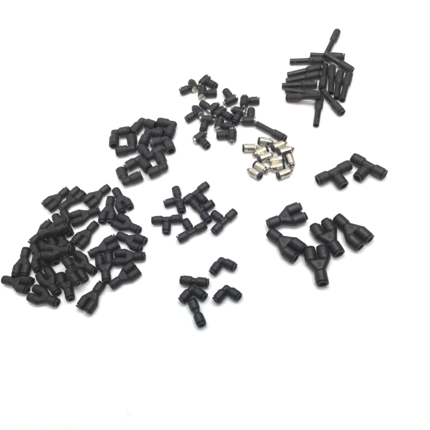 Used Lot of Legris Pneumatic Fittings, Elbow Tee Y Plug, 1/4 5/32 4mm 10-32 M5x0.8 M3
