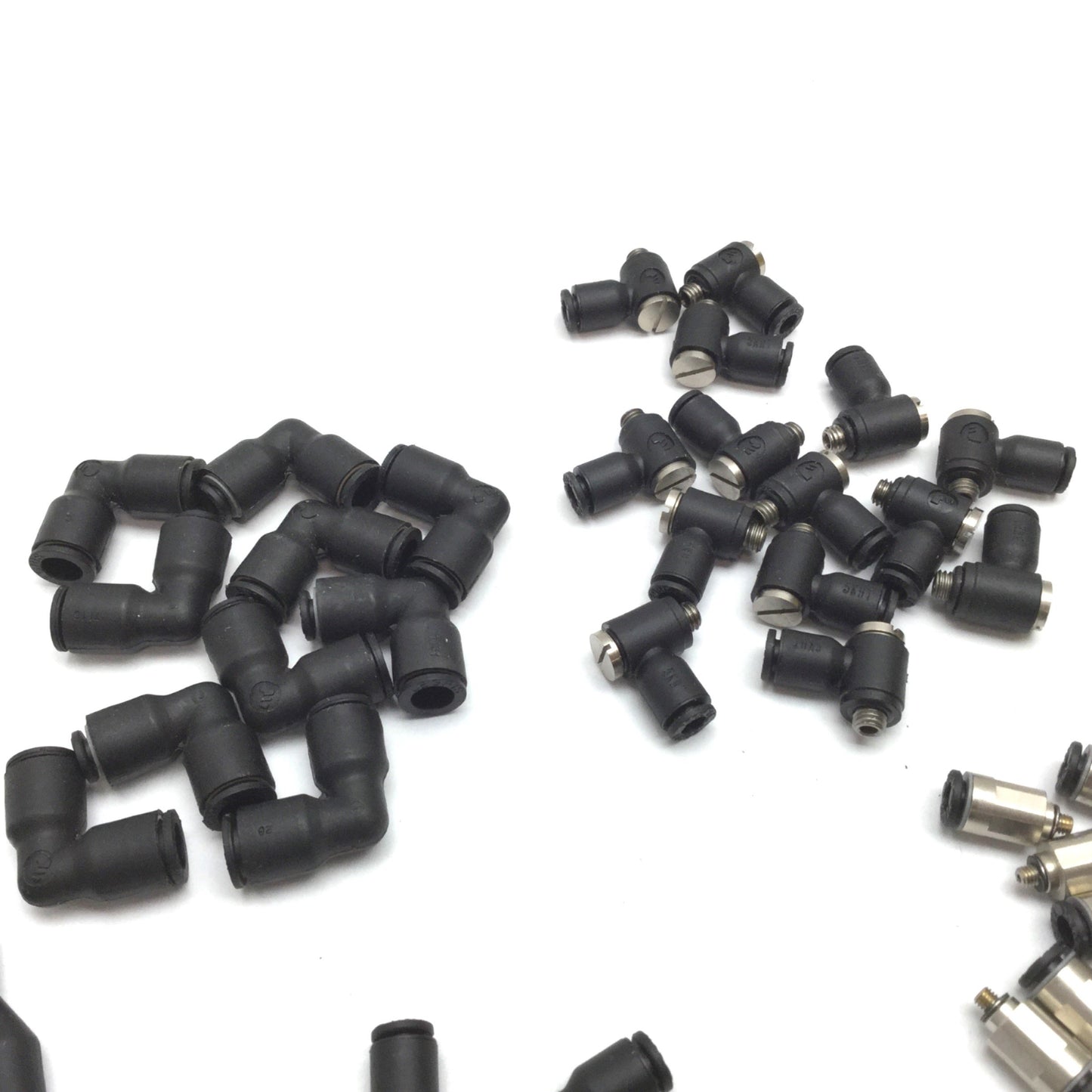 Used Lot of Legris Pneumatic Fittings, Elbow Tee Y Plug, 1/4 5/32 4mm 10-32 M5x0.8 M3