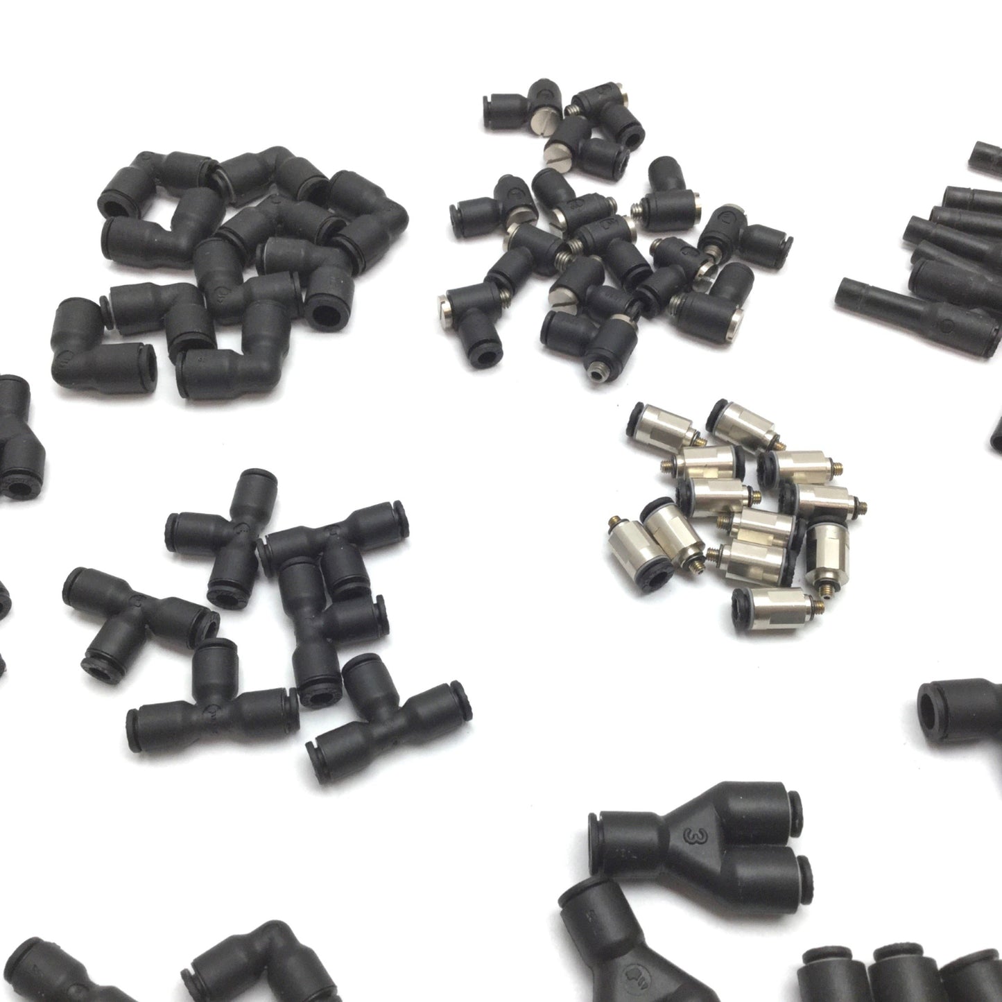 Used Lot of Legris Pneumatic Fittings, Elbow Tee Y Plug, 1/4 5/32 4mm 10-32 M5x0.8 M3