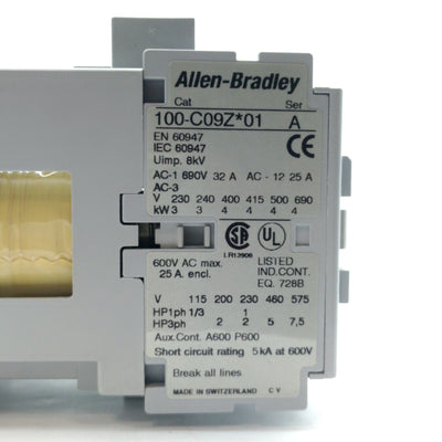 Used Allen Bradley 100-C09Z*01 Contactor, 4-Pole 3x NO 1x NC, 600VAC 25A, 24VDC Coil