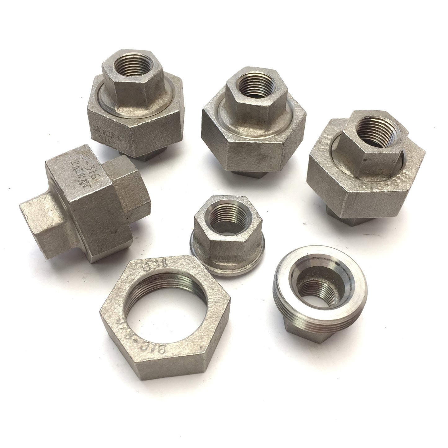 Used Lot of 5 Stainless Steel SS 316 Union Fittings, 3/8" FNPT, Class 150, 300 PSI