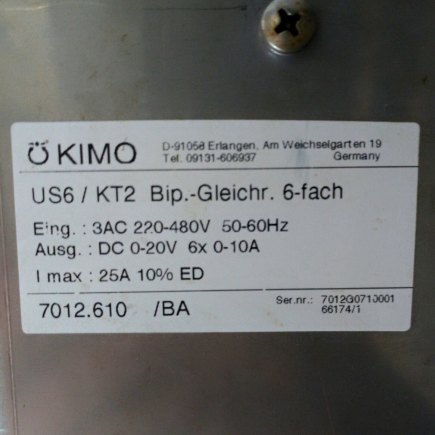 Used KIMO US6/KT2 PLC Controlled Power Converter, 6x 4Q 0-20VDC 10A, Ø3 220-480VAC