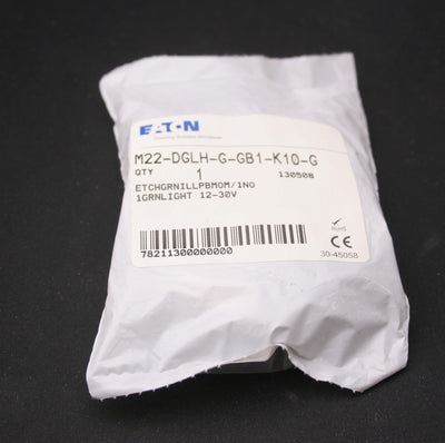 New Eaton M22-DGLH-G-GB1-K10-G Pushbutton Switch, Green, 12-30VAC/DC, 1NO, 22.5mm