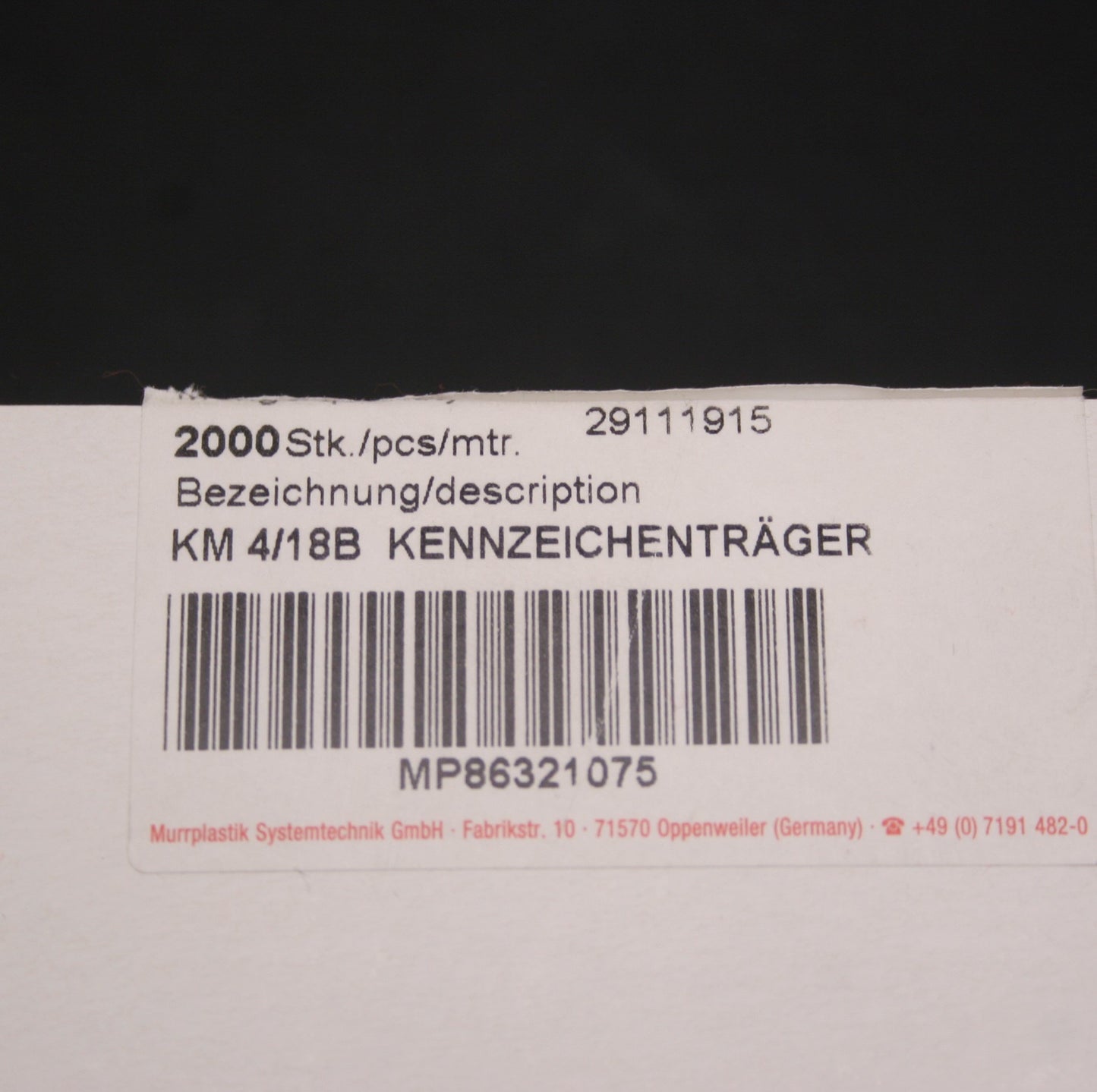 New – Open box New Murrplastik MP86321075 Label Holders, 2000 Pieces, KM 4/188