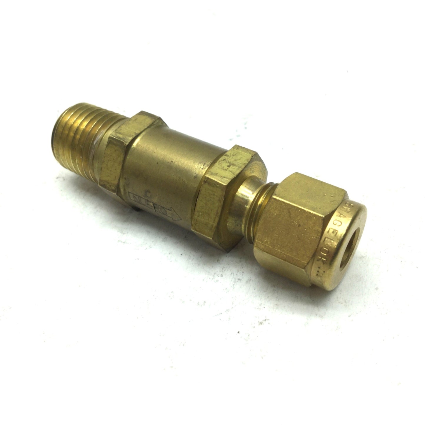 Used Swagelok B-4C1-10 Brass Poppet Check Valve 1/4" Tube Fitting 1/4" NPT, 10 PSIG