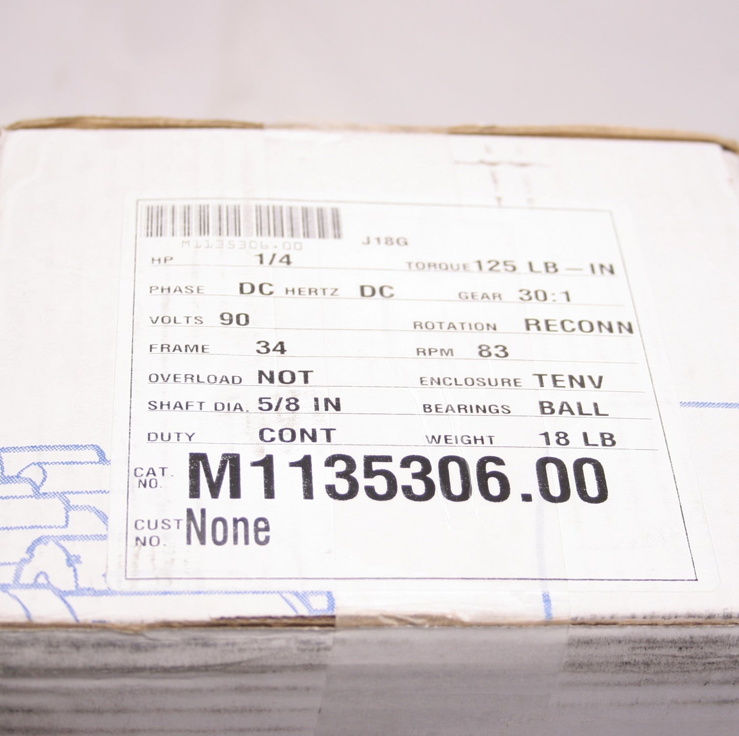 New – Open box Leeson M1135306 J18G Motor 1/4 HP, 5/8" Shaft Dia, Ball Bearing, 30:1, 125lb-in