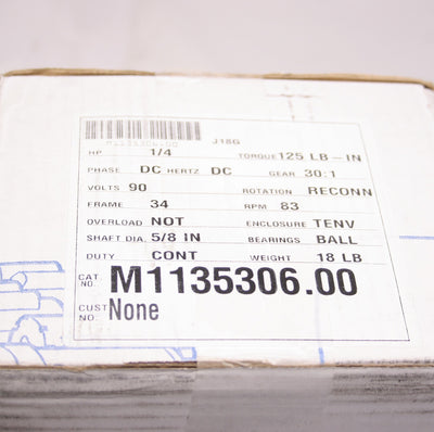 New – Open box Leeson M1135306 J18G Motor 1/4 HP, 5/8" Shaft Dia, Ball Bearing, 30:1, 125lb-in