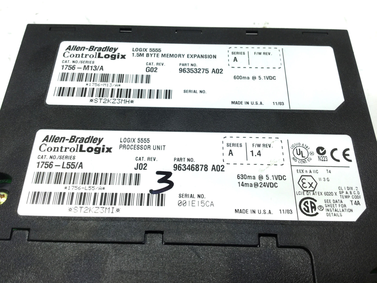 Used Allen Bradley 1756-L55/A Control Logix PLC Processor 1756-M13A 5555 1.5MB Memory