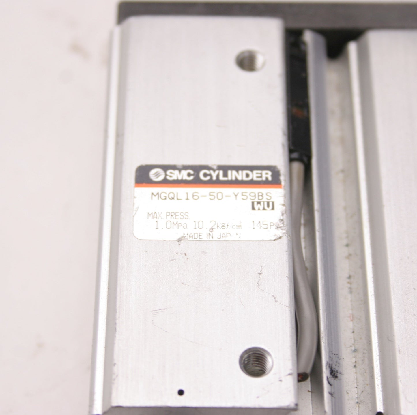 Used SMC MGQL16-50-Y59BS Pneumatic Guided Cylinder 16mm Bore, 50mm Stroke, 145psi
