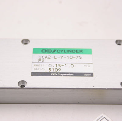 Used CKD UCA2-L-Y-10-75 P2 Pneumatic Guided Cylinder, 3" Stroke, 10/32-M5x0.8 Ports