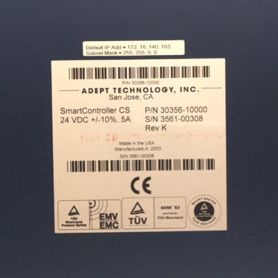 Used Adept 30356-1000 Rev. K Smart Robot Controller CS IEEE-1394 I/O w/30MB CF Card