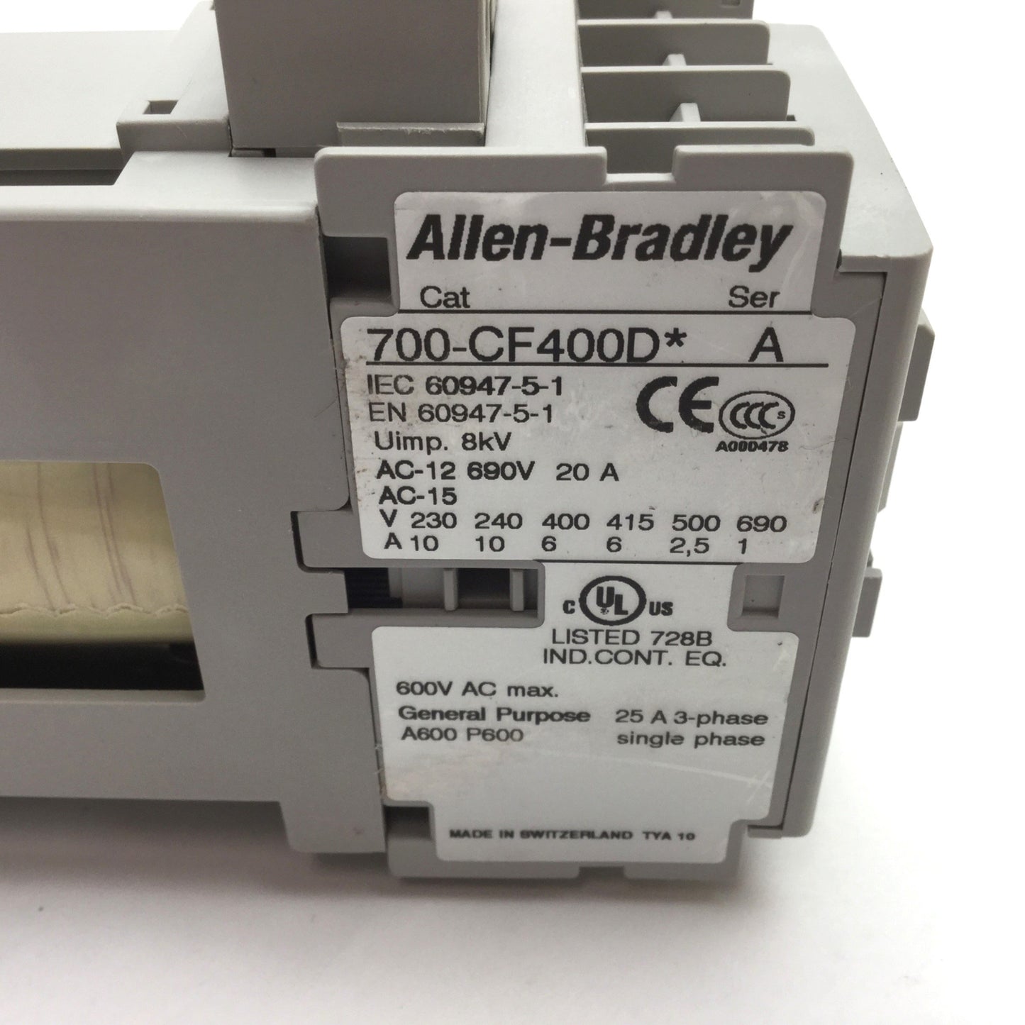 Used Allen Bradley 700-CF400D* Contactor, 4-Pole N/O, Coil: 24VDC, 25A 600VAC