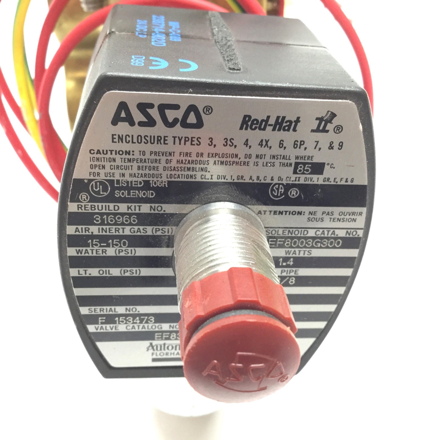 Used Asco Red-Hat EF8316G303 Solenoid Valve, Pressure: 15-150psi, Ports: 3/8" NPT