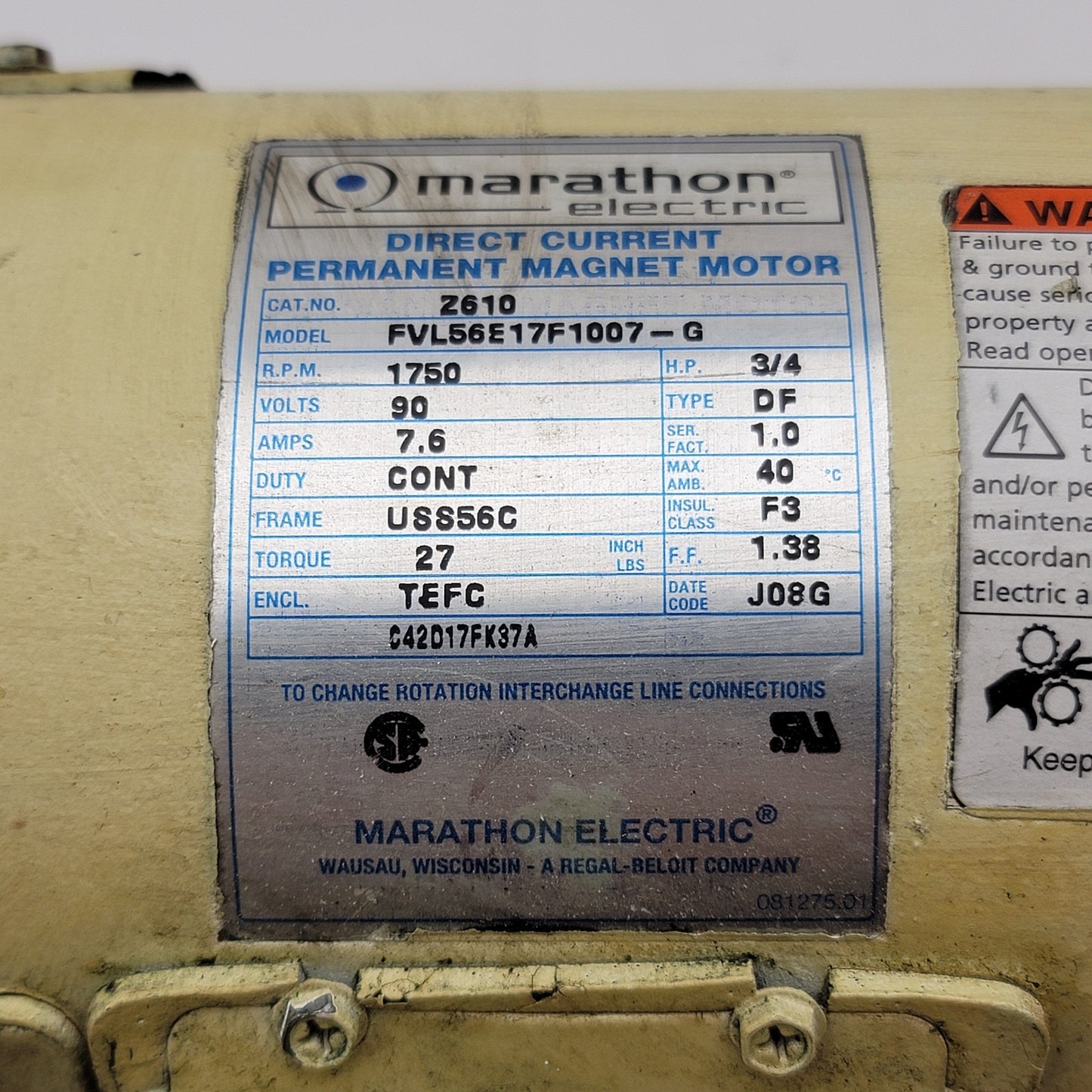 Used Marathon FVL56E17F1007-G Permanent Magnet DC Motor 3/4HP, 1,750RPM, 90VDC 7.5A