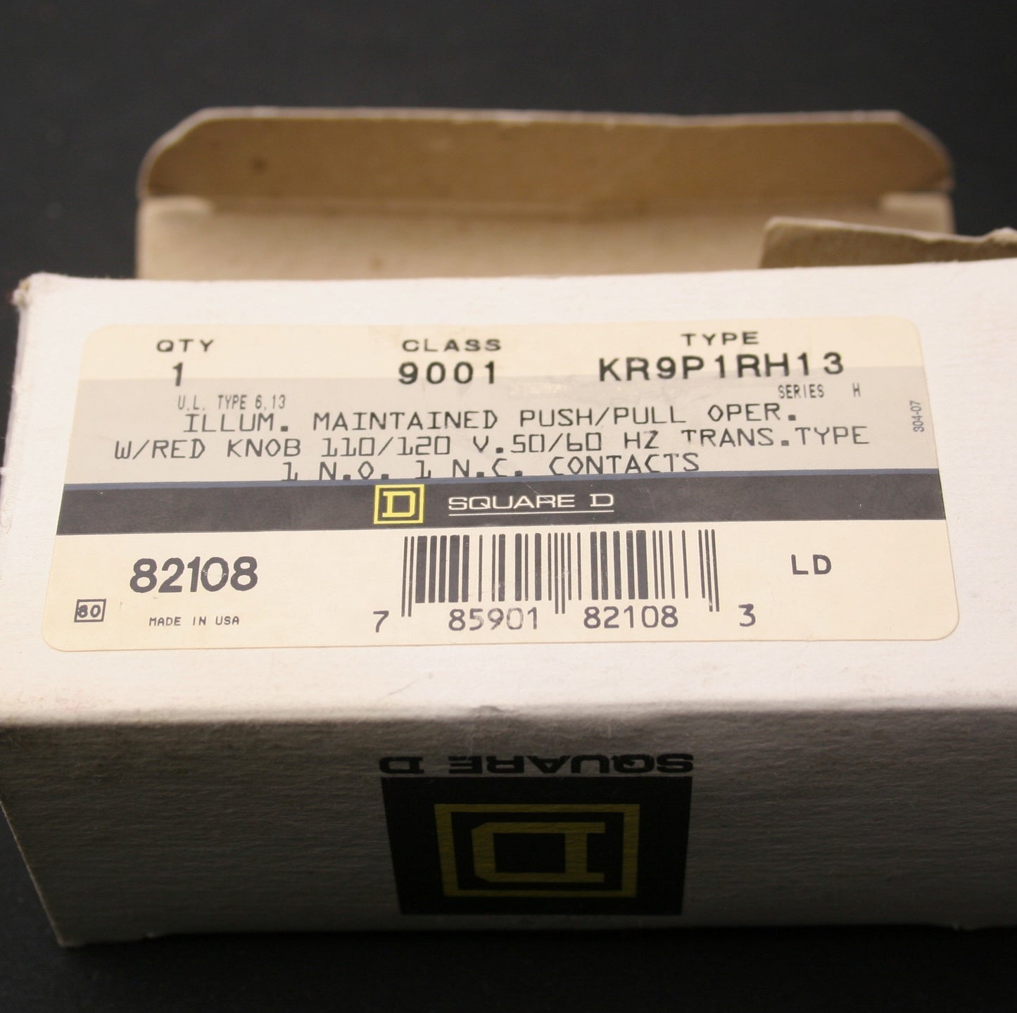 New – Open box Square D R9P1RH13 Push Button, 600VAC, 10A, 30mm, 1NO-1NC, Class 9001