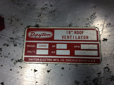 Used Dayton 3C054A Roof Ventilation Downblast Exhaust Fan 1/2HP, 1725RPM, 115VAC 60Hz