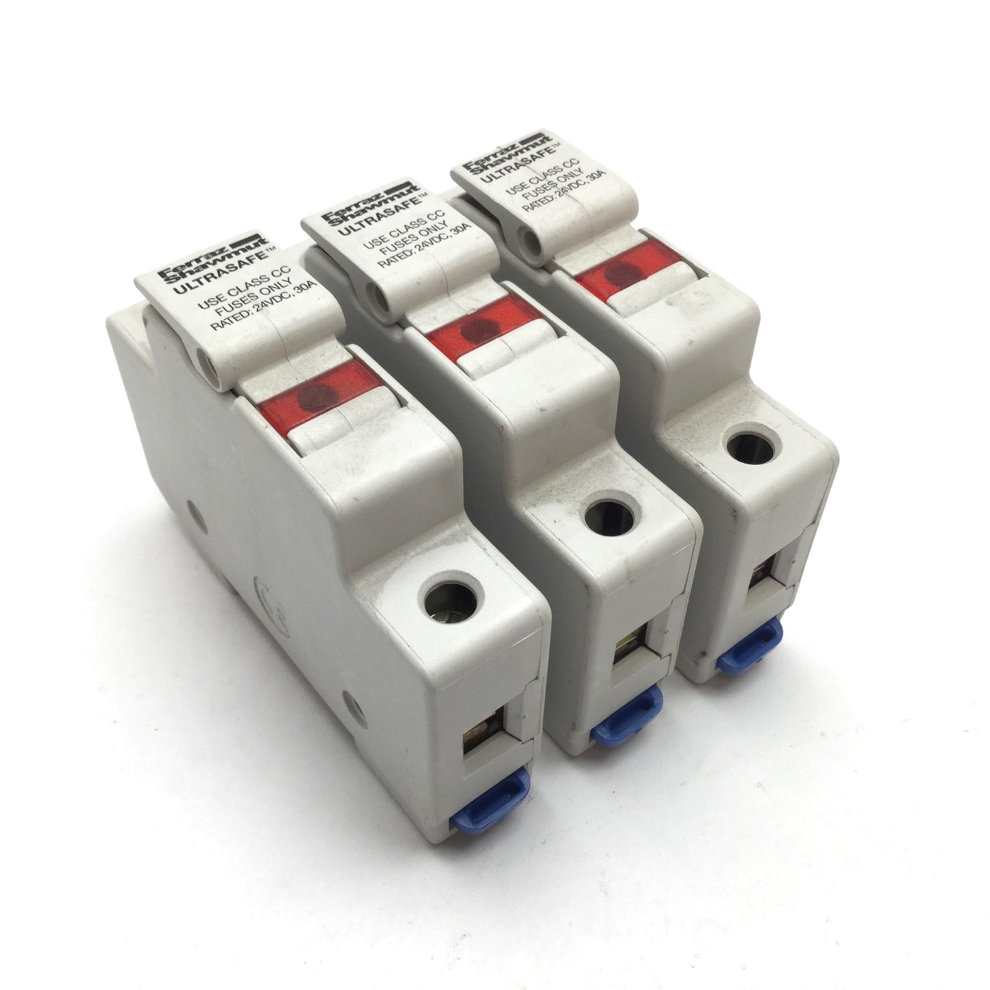 Used Lot of 3 Ferraz Shawmut USCC1I-DC24 Fuse Holder, 1-Pole, 24VDC 30A, Class CC