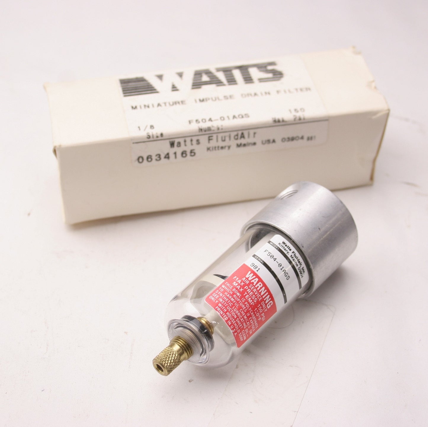 New – Open box Watts F504-01AGS Miniature Impulse Drain Filter, 1/8" NPT, 150PSI