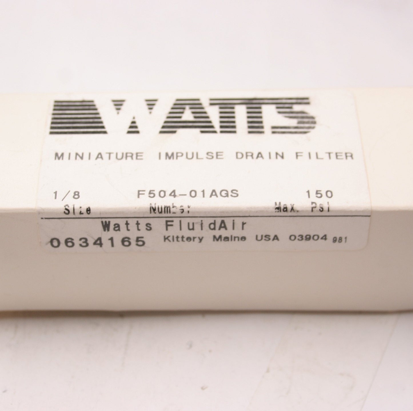 New – Open box Watts F504-01AGS Miniature Impulse Drain Filter, 1/8" NPT, 150PSI