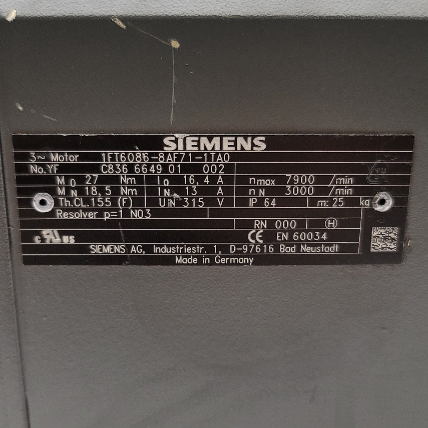 Used Siemens 1FT6086-8AF71-1TA0 SIMOTICS S Servomotor 3,000 RPM, 27Nm, 16.4A, 5.8kW