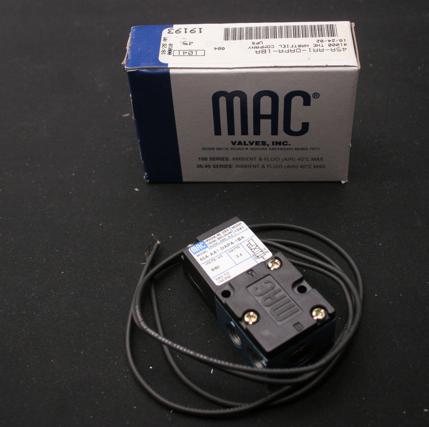 Used MAC 45A-AA1-DAPA-1BA Solenoid Valve, 6V, 60Hz, 3.4W, Vac to 130psi