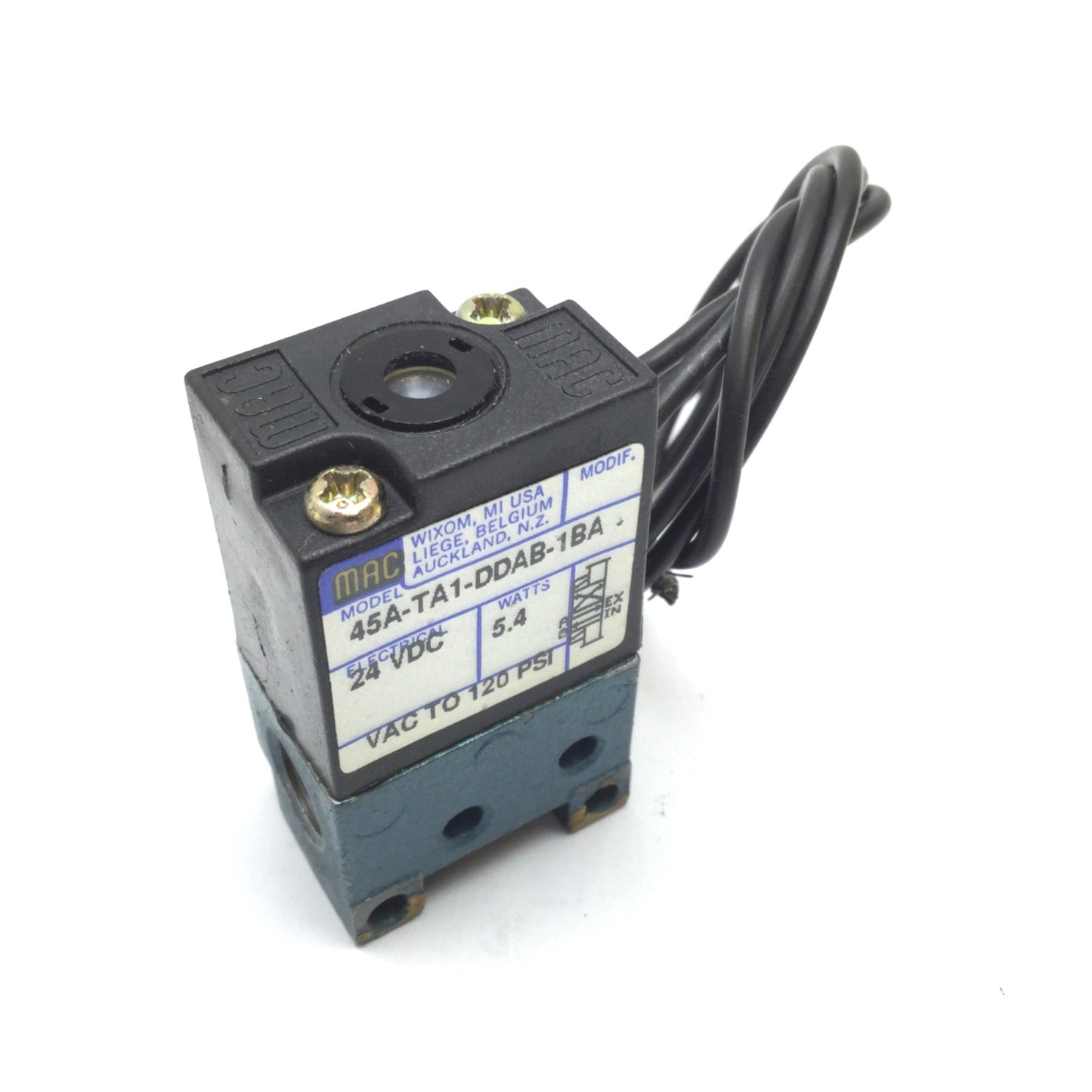 Used Mac 45A-TA1-DDAB-1BA Solenoid Valve, 2-Position 3-Port, 24VDC, 1/8" NPT, 120psi
