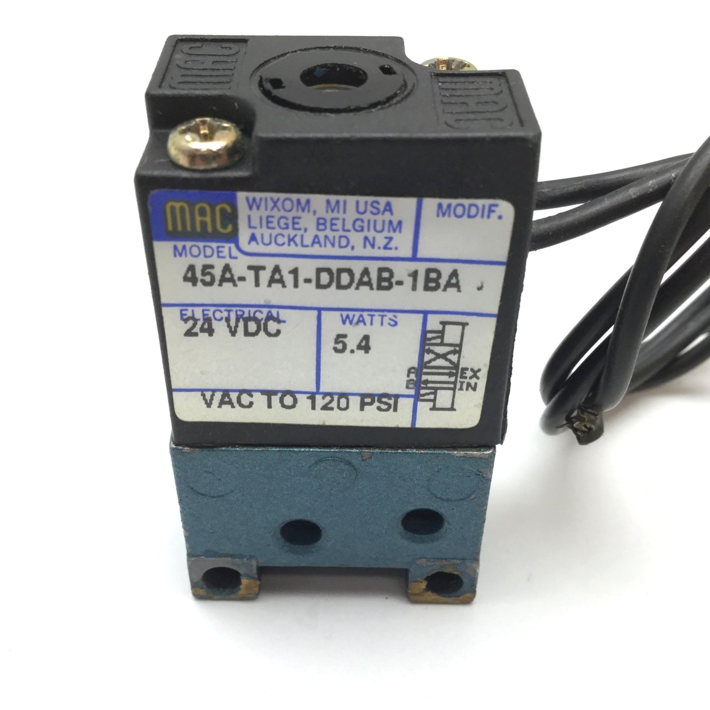 Used Mac 45A-TA1-DDAB-1BA Solenoid Valve, 2-Position 3-Port, 24VDC, 1/8" NPT, 120psi