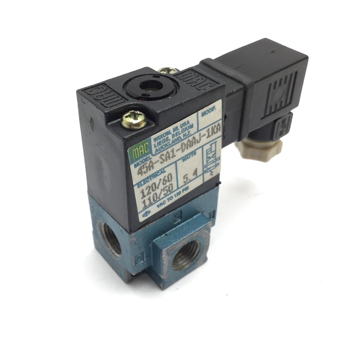 Used Mac 45A-SA1-DAAJ-1KA Solenoid Valve, 2-Position 3-Port, 110/120VAC, 1/8" NPT