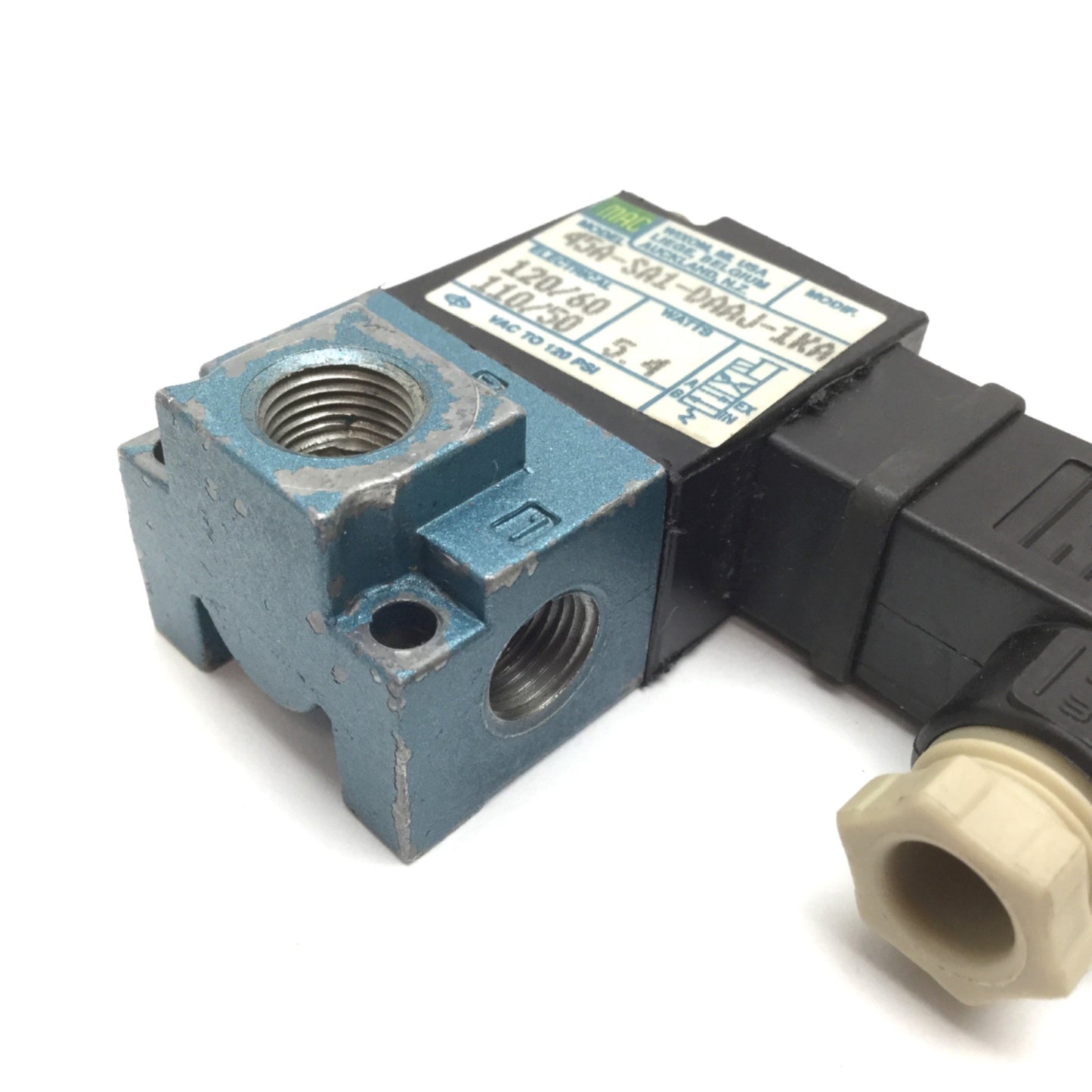Used Mac 45A-SA1-DAAJ-1KA Solenoid Valve, 2-Position 3-Port, 110/120VAC, 1/8" NPT