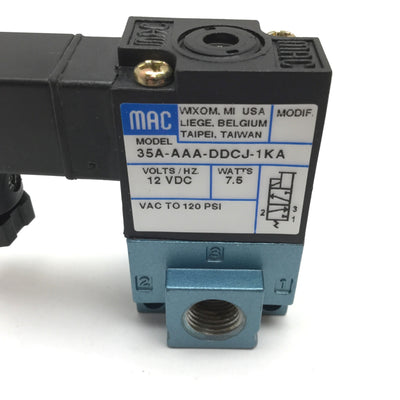 New Mac 35A-AAA-DDCJ-1KA Solenoid Valve, 2-Position 3-Port, 12VDC, 1/8" NPT, 120psi