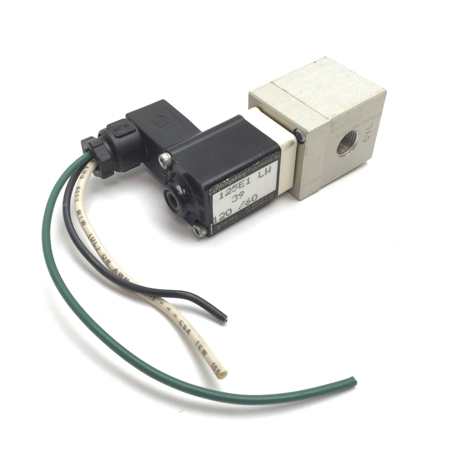 Used Humphrey 125E1 LW Solenoid Valve, 2-Position 3-Port, 120VAC, 30-100psi, 1/8" NPT