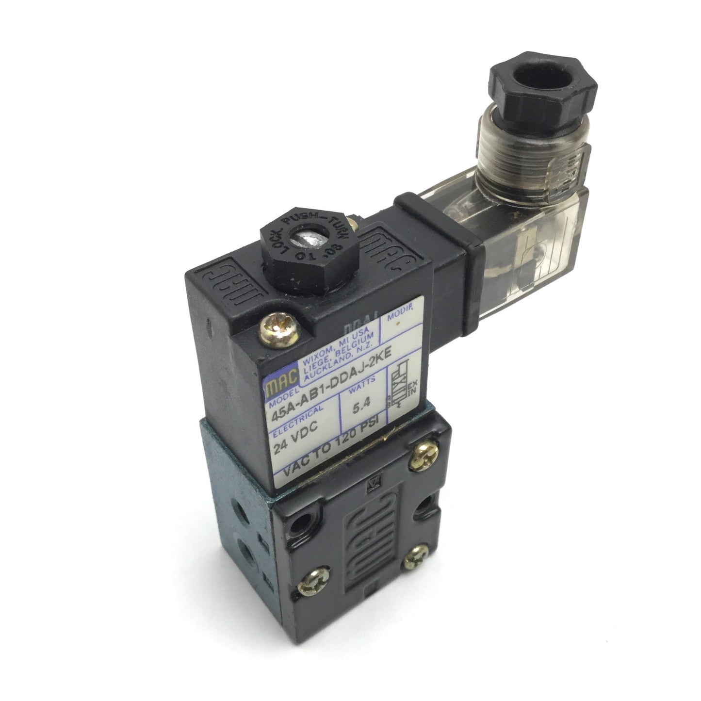 Used Mac 45A-AB1-DDAJ-2KE Solenoid Valve, 2-Position 4-Port, 24VDC, 10-32, Vac-120psi