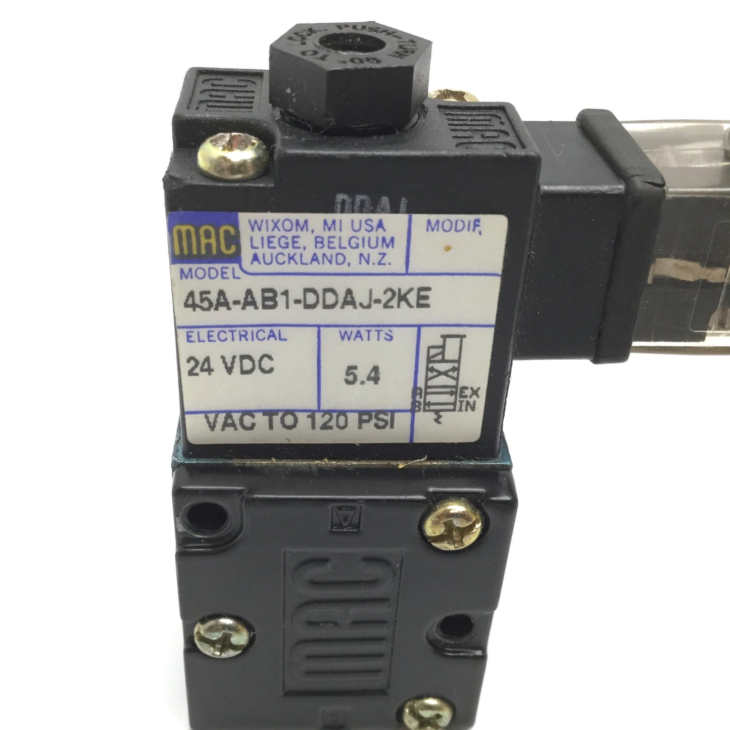 Used Mac 45A-AB1-DDAJ-2KE Solenoid Valve, 2-Position 4-Port, 24VDC, 10-32, Vac-120psi