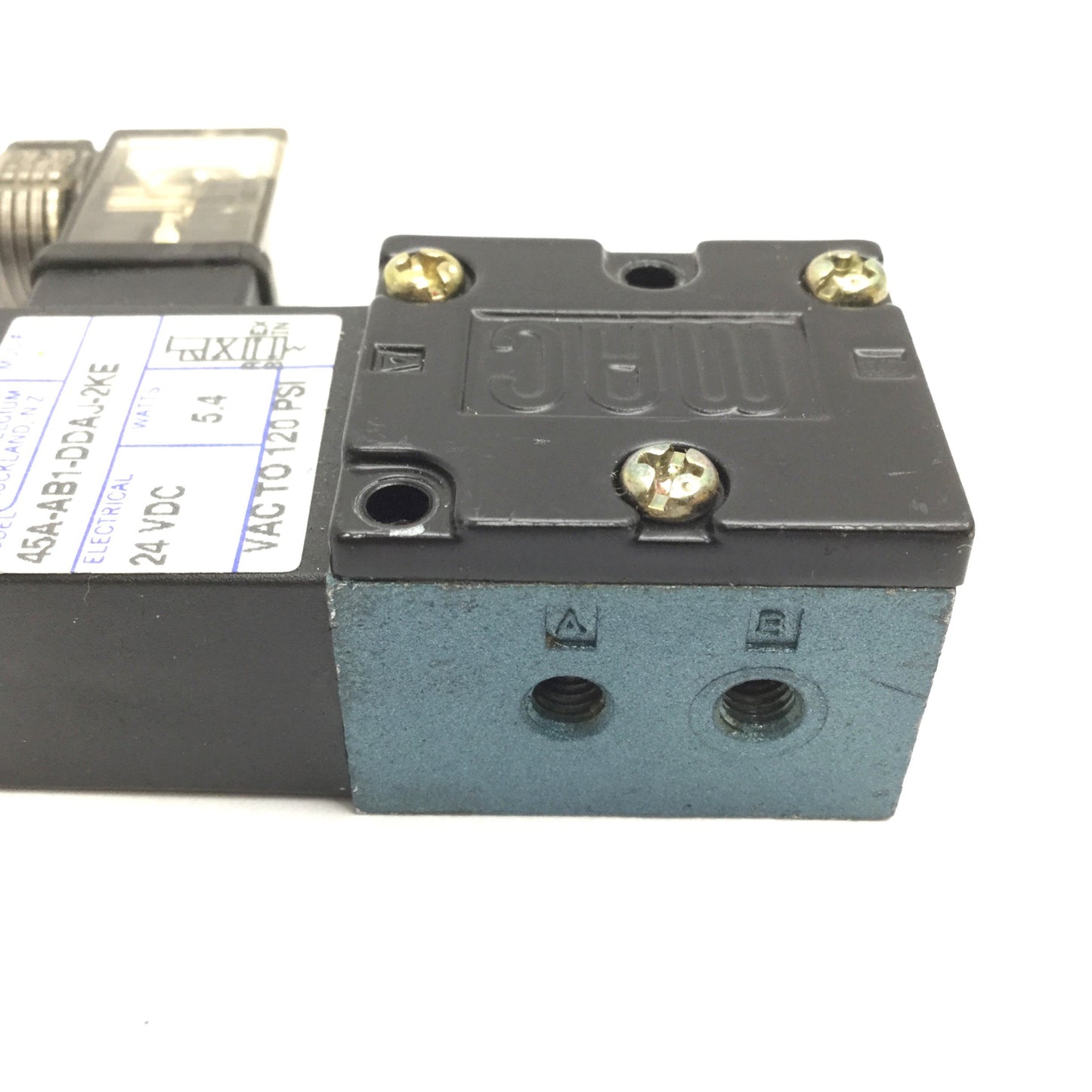 Used Mac 45A-AB1-DDAJ-2KE Solenoid Valve, 2-Position 4-Port, 24VDC, 10-32, Vac-120psi