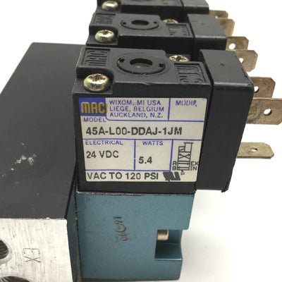 Used Bank of 3 MAC 45A-L00-DDAJ-1JM Solenoid Valve, 2-Position 4-Port, 24VDC 1/8" NPT