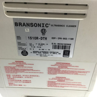 Used Branson 1510R-DTH Bransonic Ultrasonic Cleaner, Voltage: 117VAC, 6" x 5.5" x 4"