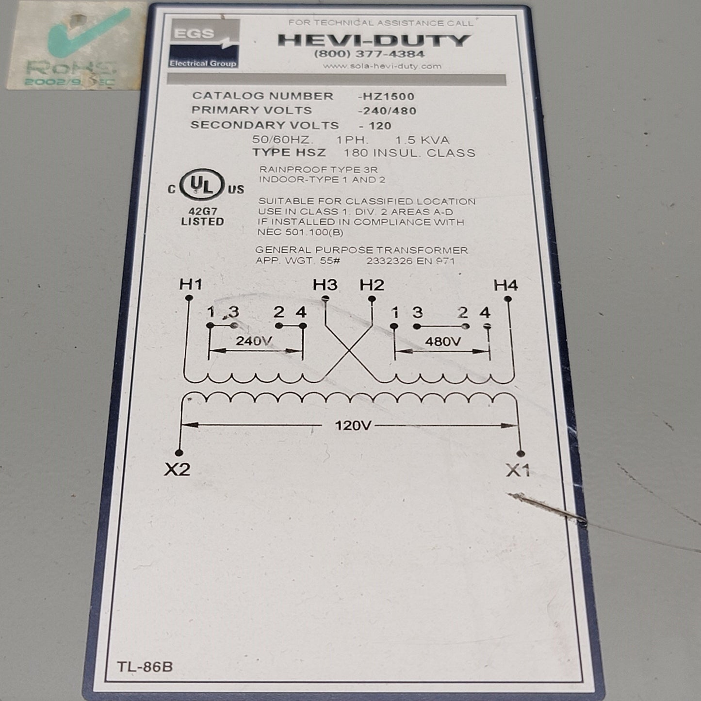 Used Sola Hevi-Duty HZ1500 Industrial Control Transformer In 240/480V Out 120V 1.5kVA